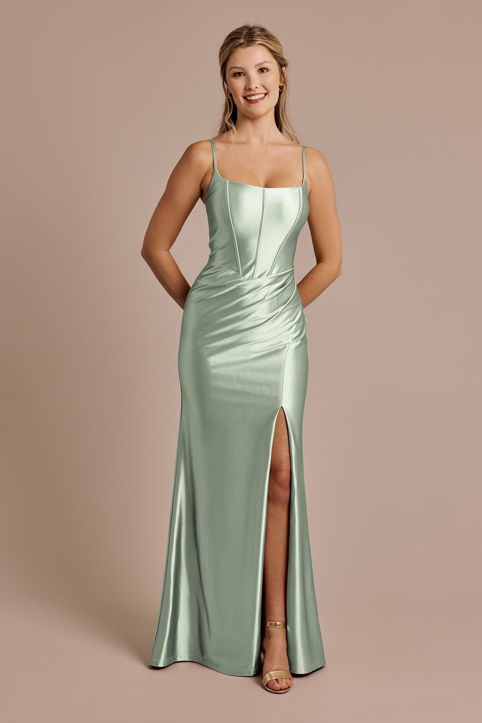 Square Neck Corset Sculpting Satin Dress | David's Bridal